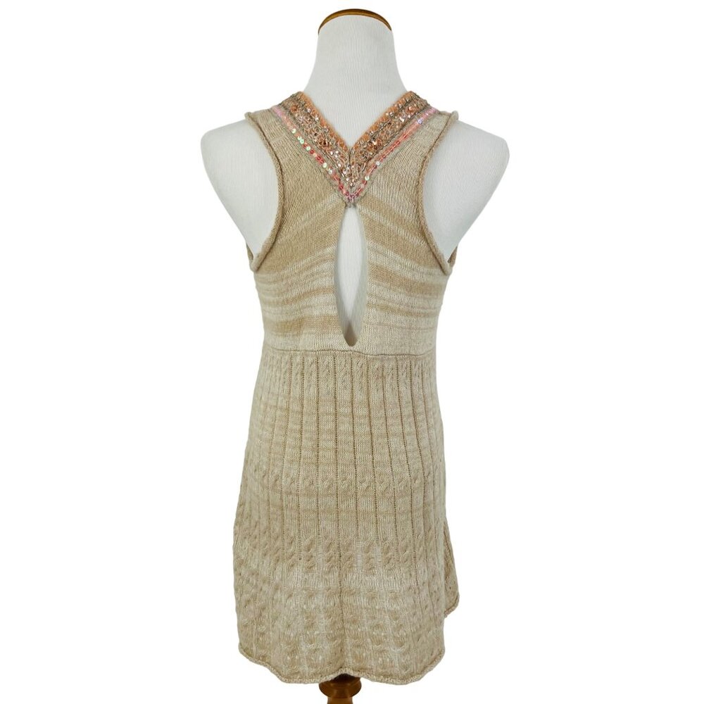 RARE Vintage Free People Beige Embellished Sequin Trim & Keyhole Back Boho Knit - Picture 3 of 15